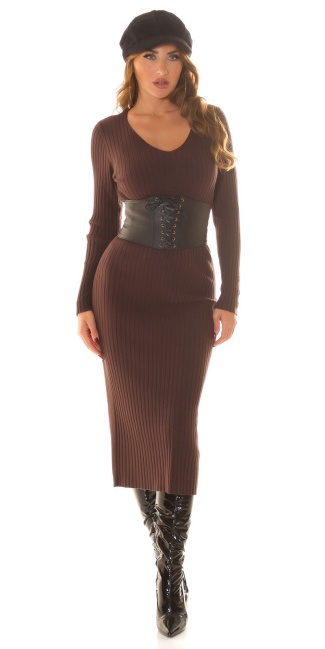 rib knit Mididress with golden details Brown
